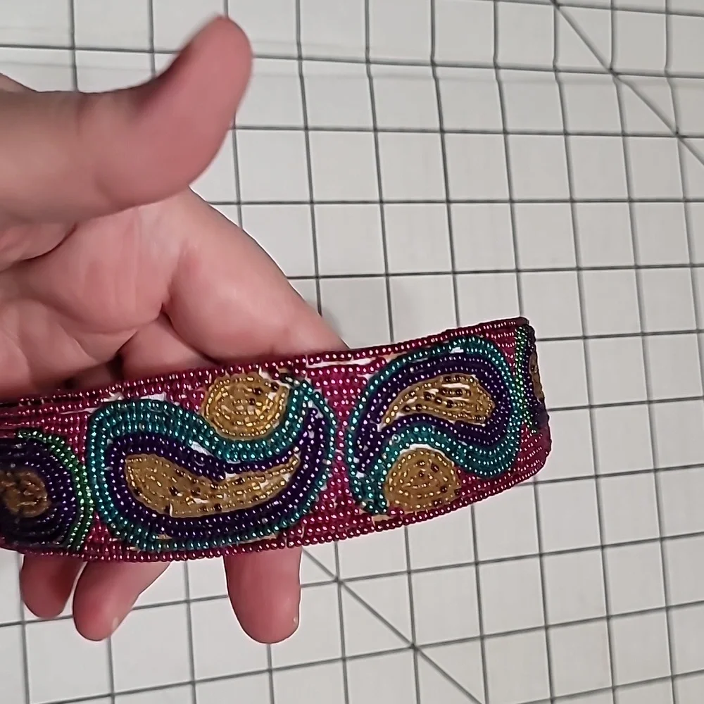 Beaded Headband Metallic pink turquoise purple gold paisley beadwork-GentlPrelvd